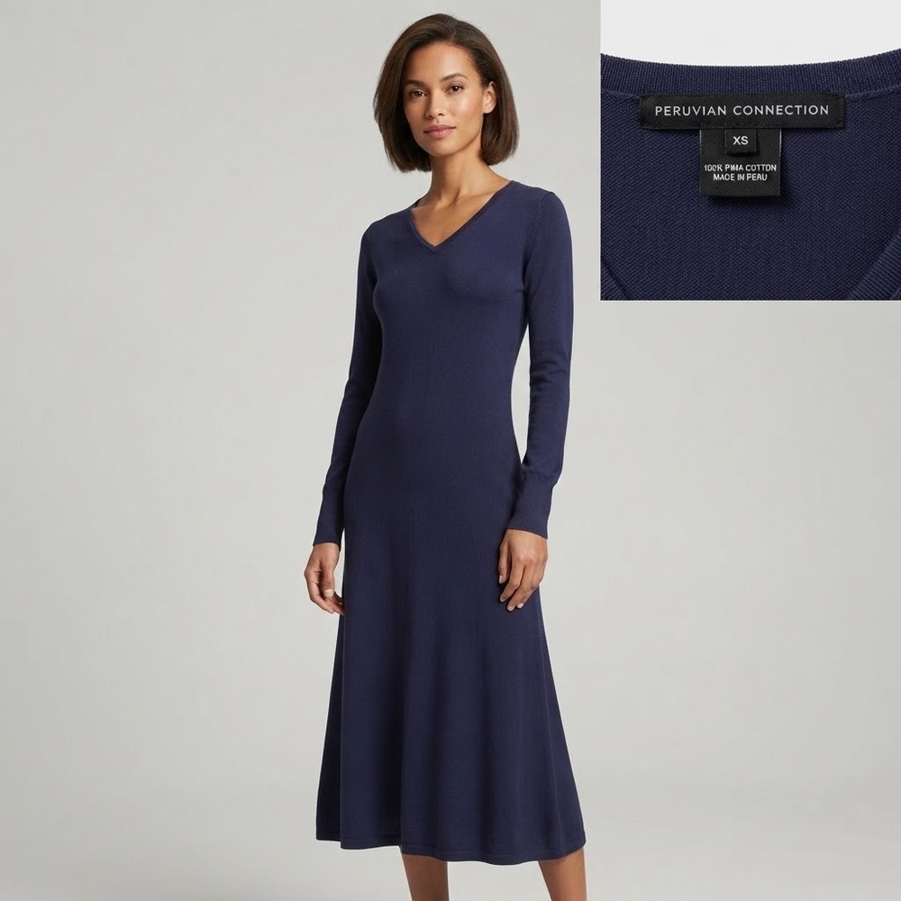 Peruvian Connection Navy Blue Pima Cotton V-Neck Long Sleeve Midi Dress XS